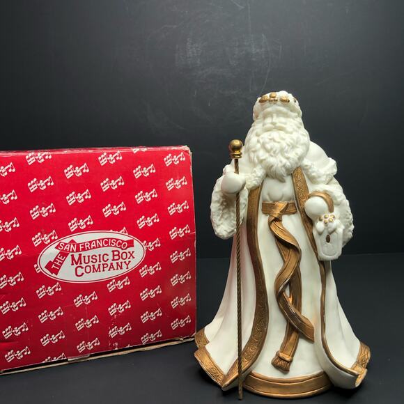 San Francisco Music Box Co Vintage Rare Porcelain Music Box White and Gold Santa